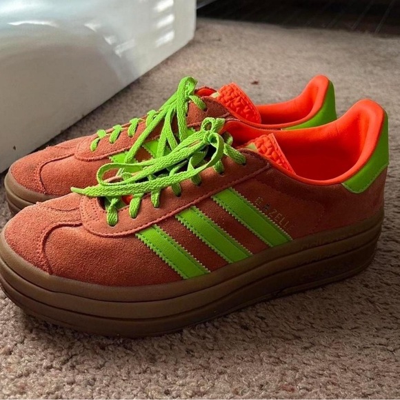 Adidas Bold Gazelles Solar Orange and Neon Green Platform Sneakers - Picture 2 of 4
